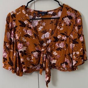 American Eagle Outfitters Floral Tie-Front Blouse - Brown and Pink